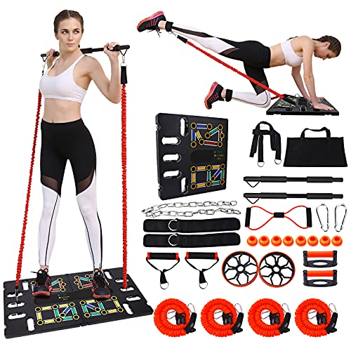 H HUKOER Juego de Tabla de Fitness para Gimnasio, Equipo de Entrenamiento para el hogar, Juego de Tabla de Resistencia, con Barra de Pesas, Banda de Resistencia, Rueda de Abdomen, asa de flexión