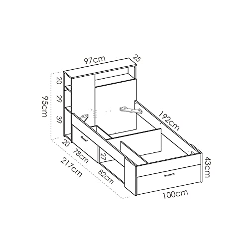 HABITMOBEL Cama con Cabezal Cabezal, Natural/Grafito Huecos de almacenaje y Compartimento abatible y cajón (Montaje Reversible)