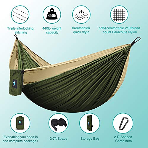 Hamacas Colgantes, 440lb Capacidad de Carga, Amacas de Jardin Nylon Ultraligera para Viajes y Acampadas, con 2 x Mosquetones Premium, 2 x Correas de Nylon Incluidas (Verde/Caqui)