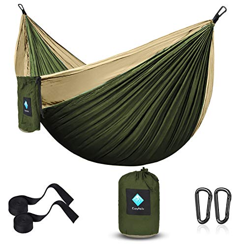 Hamacas Colgantes, 440lb Capacidad de Carga, Amacas de Jardin Nylon Ultraligera para Viajes y Acampadas, con 2 x Mosquetones Premium, 2 x Correas de Nylon Incluidas (Verde/Caqui)