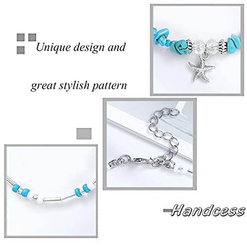 Handcess Boho Starfish Tobilleras Plata Turquesa Pulseras de tobillo Cuentas de playa Cadenas de pie para mujeres y niñas