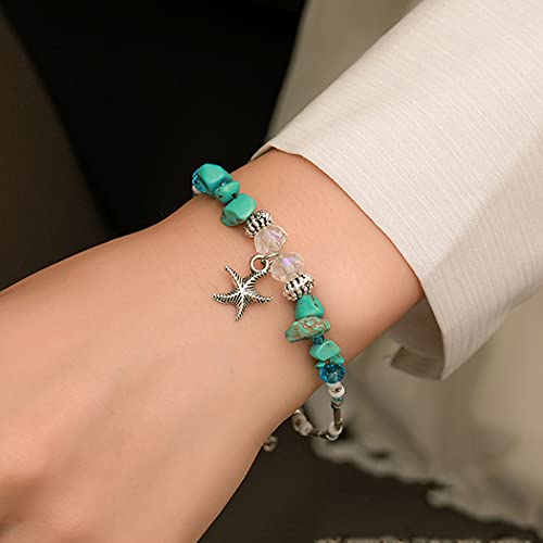 Handcess Boho Starfish Tobilleras Plata Turquesa Pulseras de tobillo Cuentas de playa Cadenas de pie para mujeres y niñas