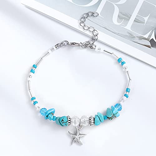 Handcess Boho Starfish Tobilleras Plata Turquesa Pulseras de tobillo Cuentas de playa Cadenas de pie para mujeres y niñas