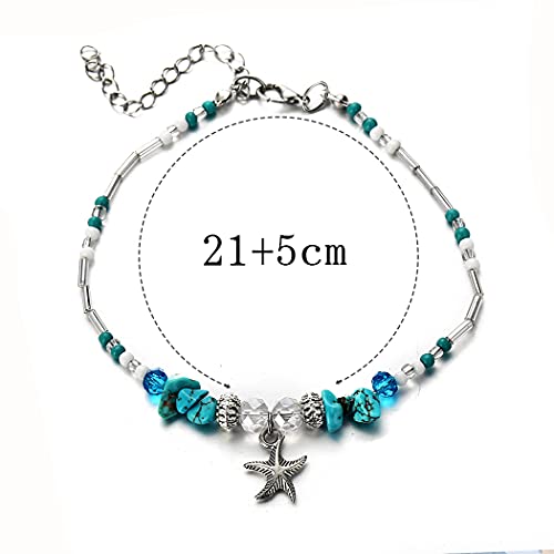 Handcess Boho Starfish Tobilleras Plata Turquesa Pulseras de tobillo Cuentas de playa Cadenas de pie para mujeres y niñas