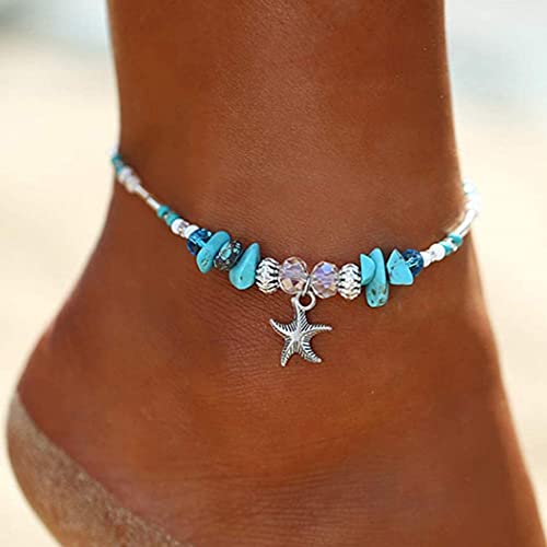 Handcess Boho Starfish Tobilleras Plata Turquesa Pulseras de tobillo Cuentas de playa Cadenas de pie para mujeres y niñas