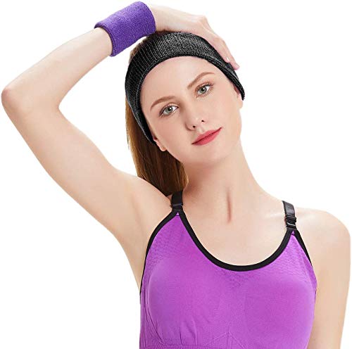 HANERDUN 3PCS Muñequeras y Diadema Sudor Conjunto Hombre Mujer Elásticas - Diadema Deportiva Humedad Sudor para Atletismo, Correr, Ciclismo, Entrenar Gimnasio, Yoga, Baloncesto, Tenis