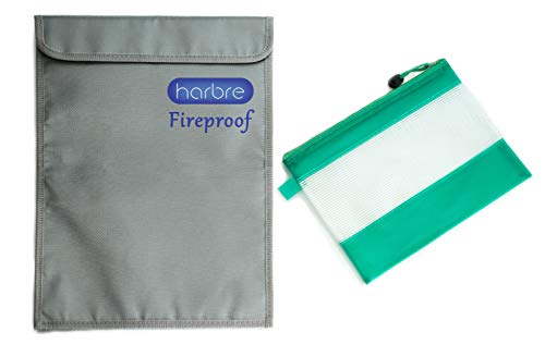 Harbre - Bolsa de documentos ignífuga resistente al calor y al agua, 15 x 11 pulgadas, viene con una bolsa impermeable de tamaño A5 de 5.8 x 8.3 pulgadas para pasaporte, cartera o joyas