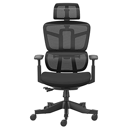 Hbada Silla de Oficina Ergonómica, Silla Giratoria con Respaldo Alto Ajustable, Soporte Lumbar, Reposacabezas, Apoyabrazos, Silla de Oficina Silla de Malla, Negro