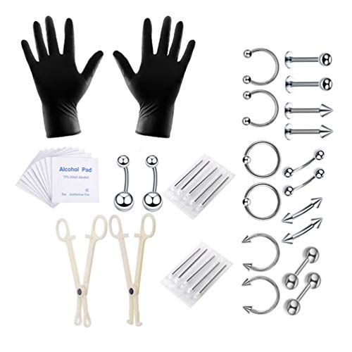 Healifty 42 piezas kit de perforación corporal agujas quirúrgicas profesionales de acero para orejas pinzas de perforación ombligo lengua ceja labio nariz piercing herramienta de joyería (color acero)