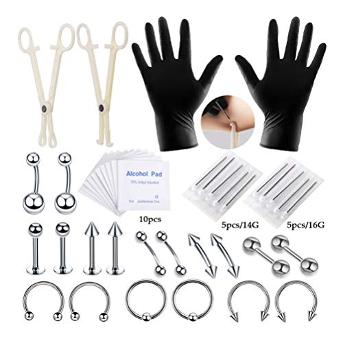 Healifty 42 piezas kit de perforación corporal agujas quirúrgicas profesionales de acero para orejas pinzas de perforación ombligo lengua ceja labio nariz piercing herramienta de joyería (color acero)