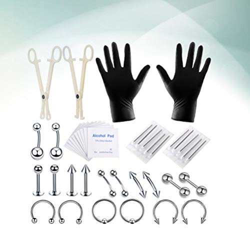 Healifty 42 piezas kit de perforación corporal agujas quirúrgicas profesionales de acero para orejas pinzas de perforación ombligo lengua ceja labio nariz piercing herramienta de joyería (color acero)