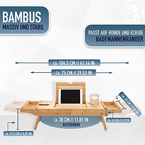 HEIMWERT Bandeja de Bañera Bandeja de Bañera - Extra Grande con Soporte Desplegable - Bandeja de Bañera Accesorios de Mesa y Bandeja de Desayuno de Madera de Bambú para Bañera de Cama