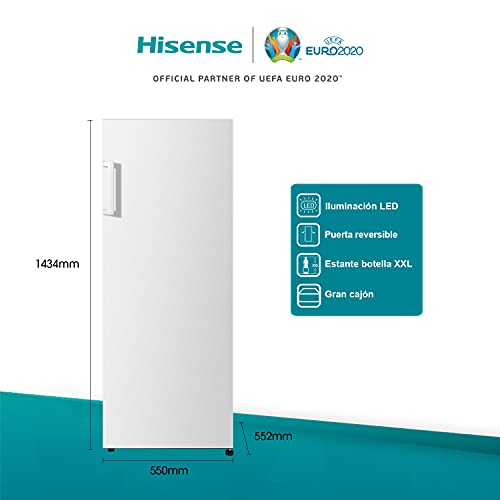 Hisense RL313D4AW1 - Frigorífico de Una Puerta, Capacidad Neta 242 L, 143,4 cm alto, patas ajustables, silencioso 40 dBA, color blanco