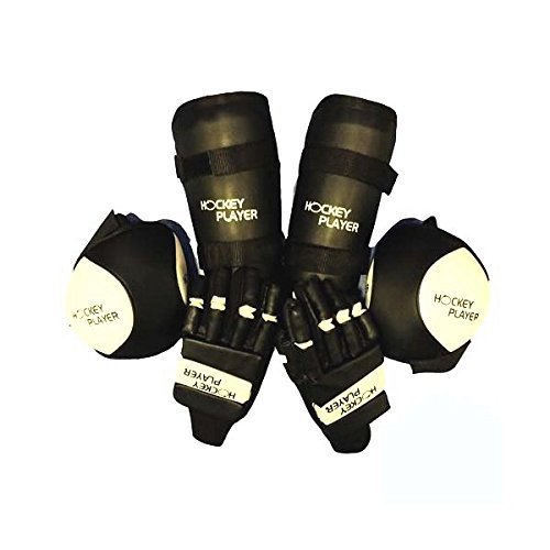 HOCKEYPLAYER Set Compuesto por un par de Guantes, un par de Rodilleras y un par de Espinilleras de Jugador de Hockey sobre Patines de Ruedas en Paralelo Fabricado en Vinilo Modelo Eco (Negro, S)