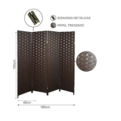 HOGAR Y MAS Biombo Separador de Ambientes Plegable, Marrón Oscuro, Papel Trenzado para Salón. 4 Paneles, Bastidor de Madera. 180x180cm - 4 Paneles