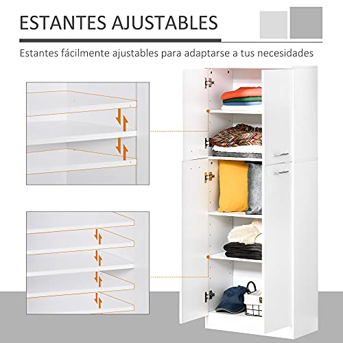 HOMCOM Armario Alto de 2 Puertas Mueble Auxiliar de Almacenaje Multifuncional con 5 Estantes y Baldas Ajustables Moderno para Salón Dormitorio Cocina 59x31x155 cm Blanco