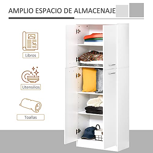 HOMCOM Armario Alto de 2 Puertas Mueble Auxiliar de Almacenaje Multifuncional con 5 Estantes y Baldas Ajustables Moderno para Salón Dormitorio Cocina 59x31x155 cm Blanco