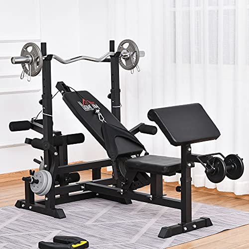 HOMCOM Banco de Pesas Ajustable Banco de Musculación Multifuncional con Respaldo Reclinable para Entrenamiento de Cuerpo Entero en Casa 210x110x103-123 cm Negro