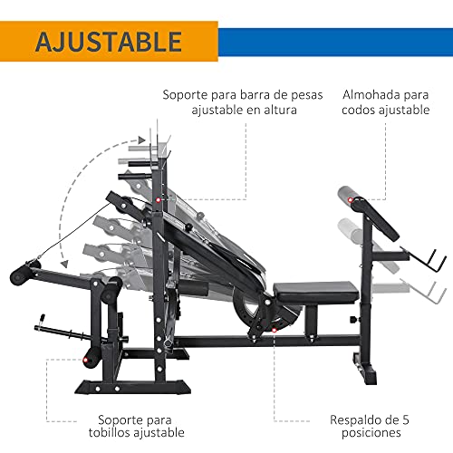 HOMCOM Banco de Pesas Ajustable Banco de Musculación Multifuncional con Respaldo Reclinable para Entrenamiento de Cuerpo Entero en Casa 210x110x103-123 cm Negro