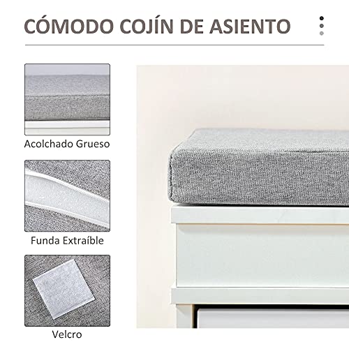 HOMCOM Banco Zapatero Banco de Almacenamiento para 8 Pares de Zapatos con 2 Cajones Estantes Ajustables y Cojín Acolchado para Entrada Pasillo 104x24x55 cm Blanco