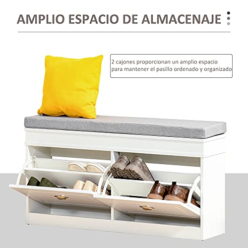 HOMCOM Banco Zapatero Banco de Almacenamiento para 8 Pares de Zapatos con 2 Cajones Estantes Ajustables y Cojín Acolchado para Entrada Pasillo 104x24x55 cm Blanco