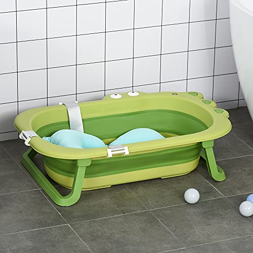 HOMCOM Bañera Plegable para Bebé Recién Nacido hasta 3 Años 50 Litros con Cojín Cómodo y Patas Plegables Carga 50 kg 80x53,9x20,8 cm Verde