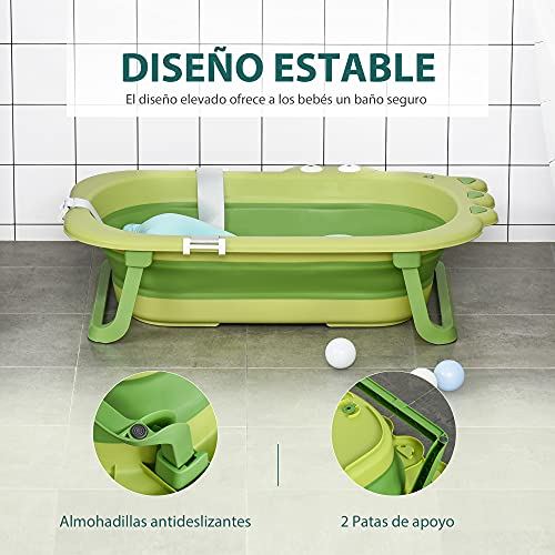 HOMCOM Bañera Plegable para Bebé Recién Nacido hasta 3 Años 50 Litros con Cojín Cómodo y Patas Plegables Carga 50 kg 80x53,9x20,8 cm Verde