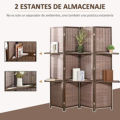 HOMCOM Biombo de 4 Piezas de Bambú Separador de Ambientes Plegable con 2 Estantes Extraíbles Divisor de Habitaciones Dormitorio 180x180 cm Marrón