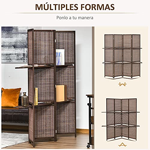 HOMCOM Biombo de 4 Piezas de Bambú Separador de Ambientes Plegable con 2 Estantes Extraíbles Divisor de Habitaciones Dormitorio 180x180 cm Marrón