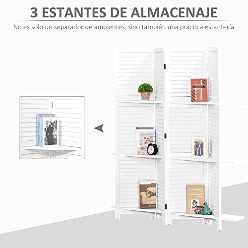 HOMCOM Biombo Separador de Madera de 4 Paneles Divisor de Habitaciones Plegable con 3 Estantes Extraíbles Diseño Persiana para Dormitorio Oficina 160x170 cm Blanco