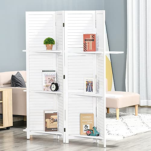 HOMCOM Biombo Separador de Madera de 4 Paneles Divisor de Habitaciones Plegable con 3 Estantes Extraíbles Diseño Persiana para Dormitorio Oficina 160x170 cm Blanco