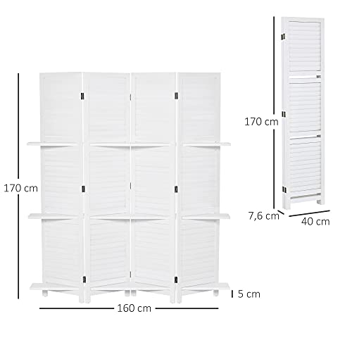 HOMCOM Biombo Separador de Madera de 4 Paneles Divisor de Habitaciones Plegable con 3 Estantes Extraíbles Diseño Persiana para Dormitorio Oficina 160x170 cm Blanco