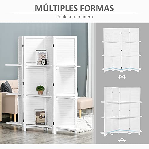 HOMCOM Biombo Separador de Madera de 4 Paneles Divisor de Habitaciones Plegable con 3 Estantes Extraíbles Diseño Persiana para Dormitorio Oficina 160x170 cm Blanco