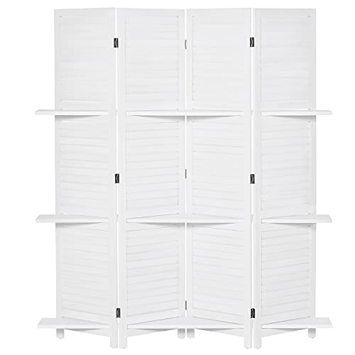 HOMCOM Biombo Separador de Madera de 4 Paneles Divisor de Habitaciones Plegable con 3 Estantes Extraíbles Diseño Persiana para Dormitorio Oficina 160x170 cm Blanco