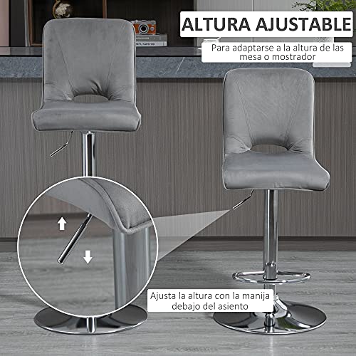 HOMCOM Conjunto de 2 Taburetes de Bar Sillas Altas Modernas con Altura Regulable y Asiento Giratoria con Marco de Metal y Reposapiés 41x51x97-117 cm Gris