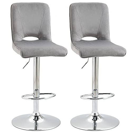 HOMCOM Conjunto de 2 Taburetes de Bar Sillas Altas Modernas con Altura Regulable y Asiento Giratoria con Marco de Metal y Reposapiés 41x51x97-117 cm Gris