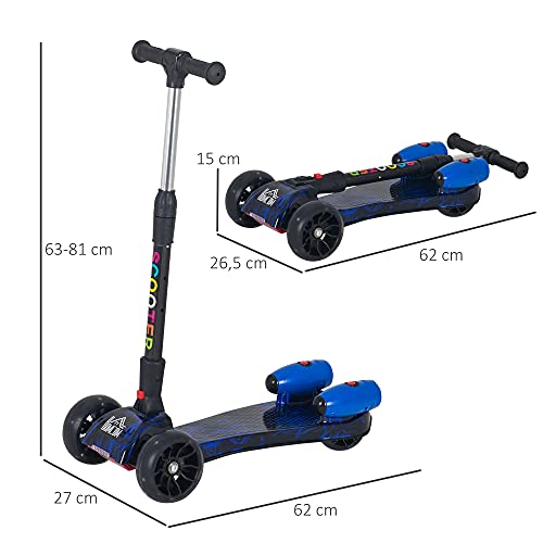 HOMCOM Patinete para Niños Scooter Plegable con Altura Ajustable de 4 Niveles y Música Luces y Nebulizador de Agua +3 Años 62x27x63-81 cm Azul