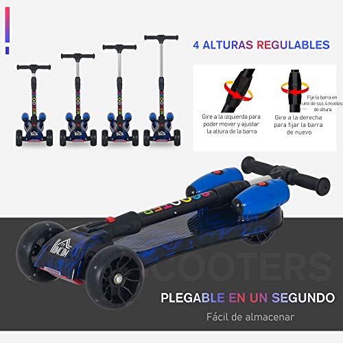 HOMCOM Patinete para Niños Scooter Plegable con Altura Ajustable de 4 Niveles y Música Luces y Nebulizador de Agua +3 Años 62x27x63-81 cm Azul