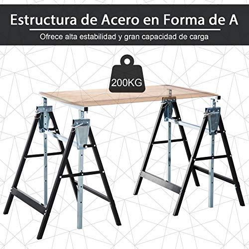 HOMCOM Set de 2 Andamios Caballete Telescópico Altura Ajustable Plegable Metálico Forma Cuadrada Estable Carga 200kg Acero 68x58x80-130 cm Negro