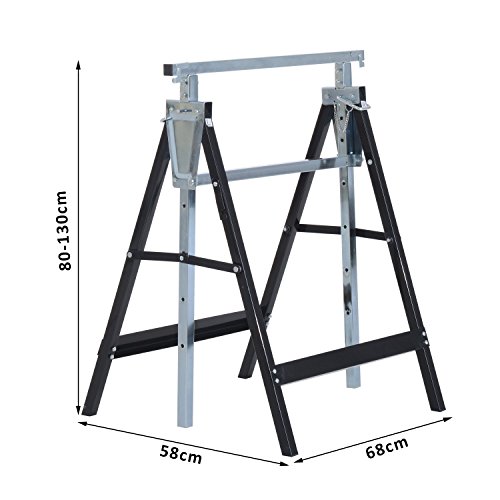 HOMCOM Set de 2 Andamios Caballete Telescópico Altura Ajustable Plegable Metálico Forma Cuadrada Estable Carga 200kg Acero 68x58x80-130 cm Negro