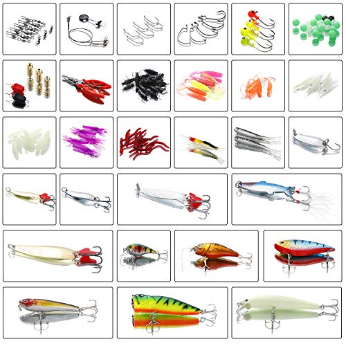 Homealexa Señuelos de Pesca, 123 Piezas Kits de Señuelos Pesca Accesorios Cebos Artificiales Articulos de Pesca Incluido la Caja Tackle, Ganchos, Tijeras, Cebos, Popper, Grillos y más