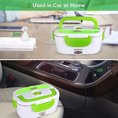 HOMEASY Fiambrera Eléctrica 12V & 220V, Calentador de Comida Portatil Electrico para Coche y Trabajo, 1.5L Termo para Comida Caliente Acero Inoxidable, Pefecto para el Hogar,Camping y Oficina(Verde)