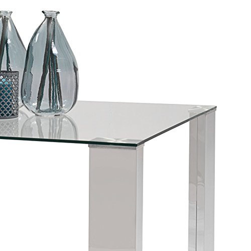 Homely - Conjunto de Comedor Karina II Mesa de 140x90 cm de Cristal y Acero Pulido y 4 sillas de Polipiel y Patas de Acero Cromado (Blanco)