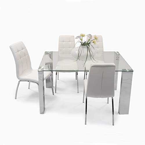 Homely - Conjunto de Comedor Karina II Mesa de 140x90 cm de Cristal y Acero Pulido y 4 sillas de Polipiel y Patas de Acero Cromado (Blanco)