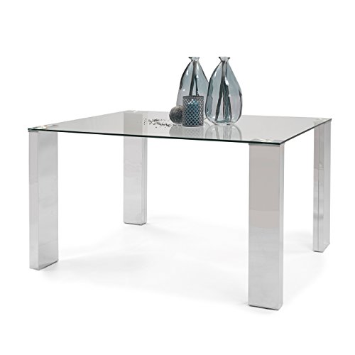 Homely - Conjunto de Comedor Karina II Mesa de 140x90 cm de Cristal y Acero Pulido y 4 sillas de Polipiel y Patas de Acero Cromado (Blanco)