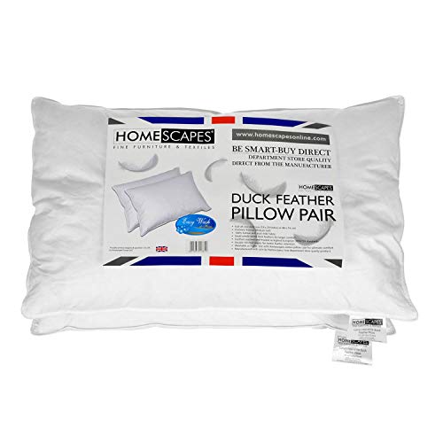 Homescapes - Almohadas de plumas de pato blanco (2 unidades, antiácaros, lavable, firmeza suave/media, funda de algodón)