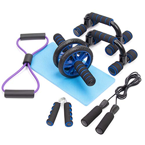 HONEYWHALE 6-en-1 AB Rodillo Kit con Rueda Abdominal, Soporte para Flexiones, Saltar Cuerda, Alfombra para Rodillas, Bandas de Resistencia, Ejercitador de dedos, Fitness en casa