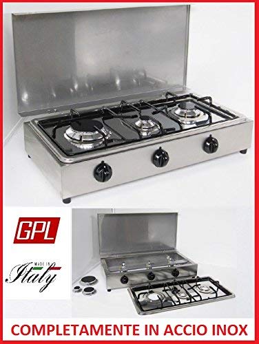 Hornillo de mesa de acero Parker con 3 fuegos con tablero extraíble para la limpieza de alimentación de gas GLP (bombona) para uso exterior