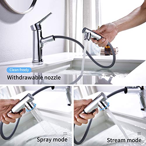 Housfurd Grifo de Lavabo Fregadero con 2 Modos de Flujo y Boquilla Extraíble, Grifo de Cocina, Lead-free Latón, Agua Caliente y Fría, Válvula de Cerámica