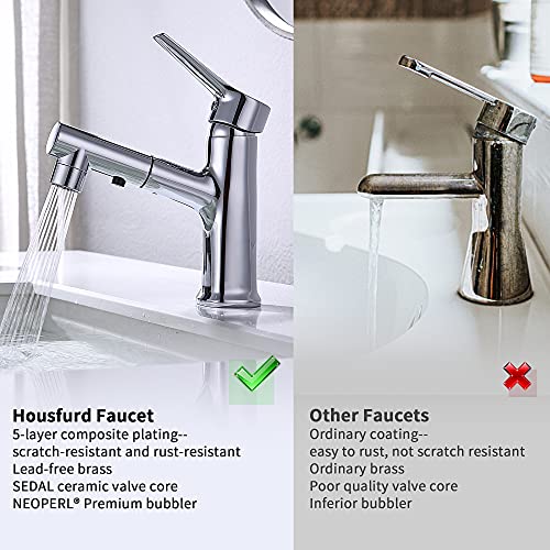 Housfurd Grifo de Lavabo Fregadero con 2 Modos de Flujo y Boquilla Extraíble, Grifo de Cocina, Lead-free Latón, Agua Caliente y Fría, Válvula de Cerámica